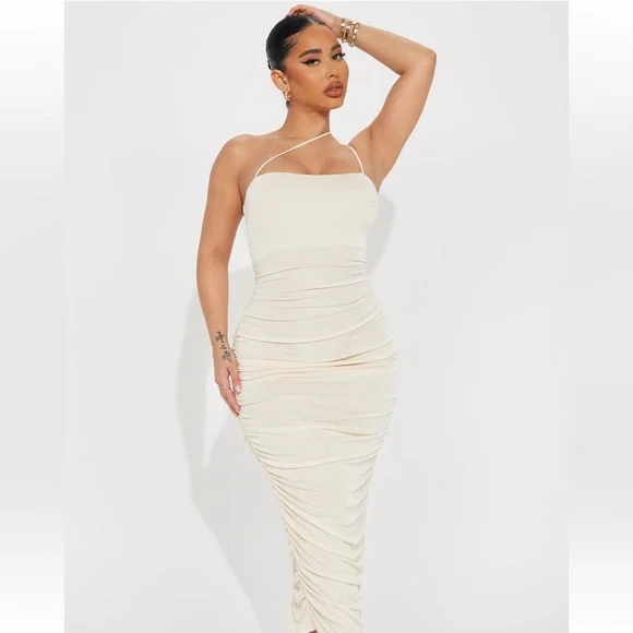 Fashion Nova | Dresses | Pamela Ruched Midi Dress Cream | Poshmark